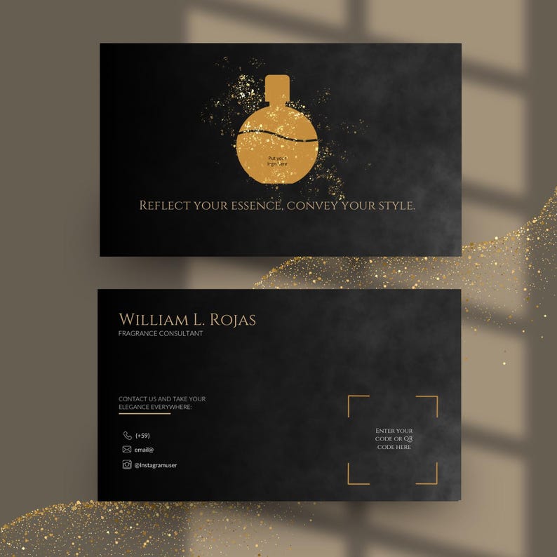 Luxury Black & Gold Business Card Template | Elegant Perfume Branding Design | Editable in Canva image 3