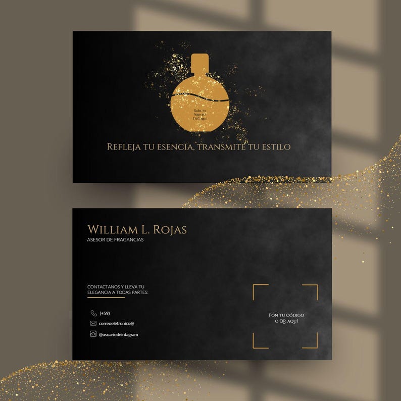 May include: Black business cards with gold accents. The top card features a gold perfume bottle illustration and the text "REFLEJA TU ESENCIA, TRANSMITE TU ESTILO." The bottom card displays the name "WILLIAM L. ROJAS" and contact information.