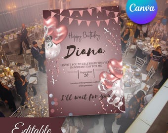 Luxury Pink Birthday Invitation | Editable Balloon Party Invite | Instant Download Canva Template