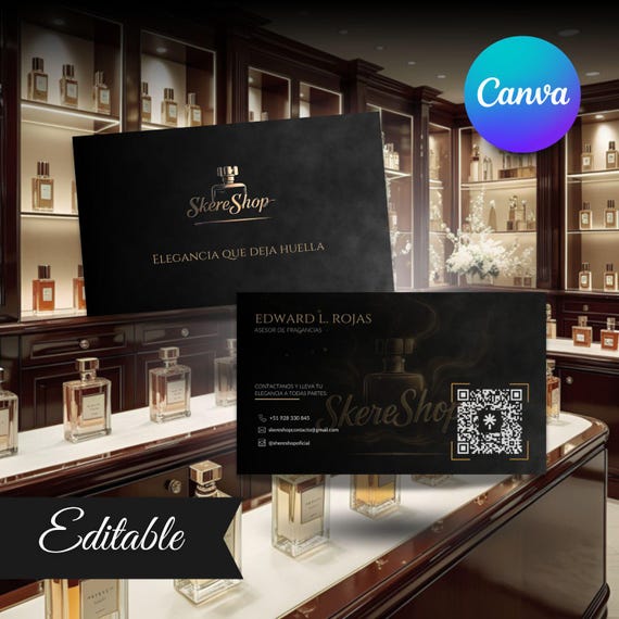 Luxury Black & Gold Business Card Template | Elegant Perfume Branding Design | Editable in Canva
