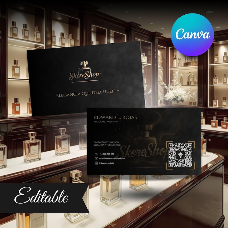May include: A black business card and a black presentation folder with gold text and a perfume bottle logo. The business card includes the name "Edward L. Rojas" and contact information. The presentation folder reads "SkereShop" and "Elegancia que deja huella."