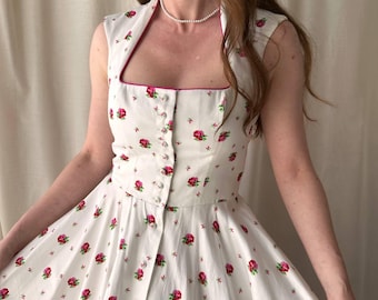Vintage Floral Dirndl Dress: Austrian Folk Costume, Pink Rose Print - XS/S