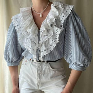 Vintage striped blouse with puff sleeves,Austrian retro style ruffled blouse with white lace, romantic striped blouse with white lace frill