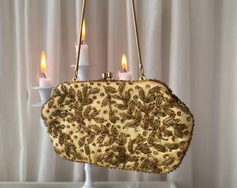 Vintage gouden avondhandtas met kralen: retro Kiss-Clutch-clutch, handgemaakt