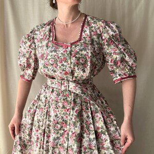 Vintage cotton Floral Dress with belt | Cottagecore Puff Sleeve Dress Trachten Midi Dress | Romantic Prairie Style | Summer Garden Dress