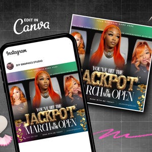 Pu&ograve; includere: Un post sui social media che promuove un salone di parrucchiere con il testo "Hai vinto il jackpot, marzo &egrave; ora aperto." Il post presenta una donna con capelli lunghi e arancioni brillanti e accenti di glitter dorati.