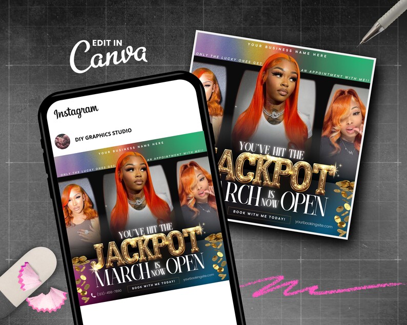 Pu&ograve; includere: Un post sui social media che promuove un salone di parrucchiere con il testo "Hai vinto il jackpot, marzo &egrave; ora aperto." Il post presenta una donna con capelli lunghi e arancioni brillanti e accenti di glitter dorati.