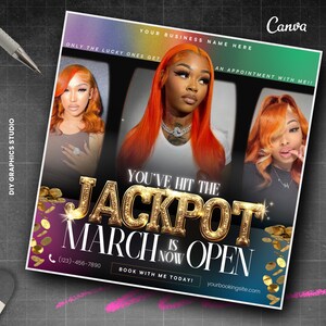 Pu&ograve; includere: Un design grafico colorato con il testo "You've hit the Jackpot! March is now open." Il design presenta un cartello jackpot dorato, monete d'oro e tre donne con capelli rosso vivo.
