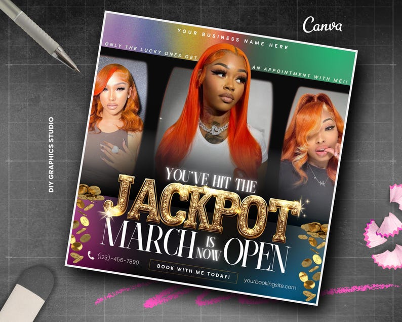 Pu&ograve; includere: Un design grafico colorato con il testo "You've hit the Jackpot! March is now open." Il design presenta un cartello jackpot dorato, monete d'oro e tre donne con capelli rosso vivo.