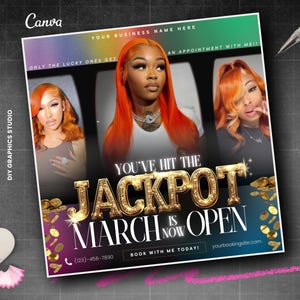 Pu&ograve; includere: Un design grafico colorato con il testo "You've hit the Jackpot March is now open" e un numero di telefono. Il design presenta tre donne con capelli lunghi e ricci e monete d'oro.
