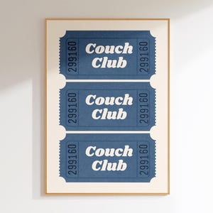 Couch Club Ticket Stub Blue Printable Mid Century Modern Aesthetic Digital Download Wall Art Living Room Prints Trendy Housewarming Gifts