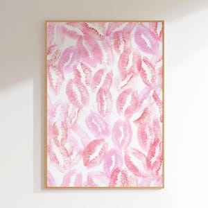 Póster de besos, arte de pared rojo y rosa, arte de pared estético de moda, impresiones para dormitorio, póster de Vogue, decoración de habitación coqueta, arte digital con descarga sobre la cama