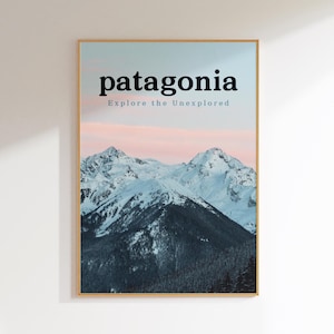 Póster de Patagonia, póster retro de viaje, naturaleza, aventura, arte, impresión de pared escénica, póster de montaña vintage, decoración de exploradores al aire libre, revista de moda de los años 70