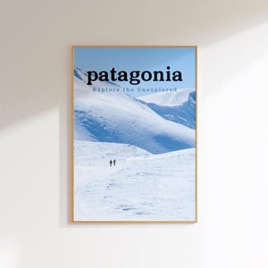Póster de viaje retro de Patagonia, arte de aventura natural, impresión de pared escénica, póster de montaña vintage, decoración de exploradores al aire libre, revista de moda de los años 70