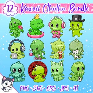 Kawaii Cthulhu Bundle SVG, cute cthulhu stickers, cthulhu png, eldritch horror