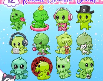 Kawaii Cthulhu Bundle SVG, cute cthulhu stickers, cthulhu png, eldritch horror