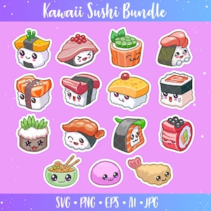 Kawaii Sushi Set SVG, japanese food, sushi bundle svg, cute food svg, sushi stickers