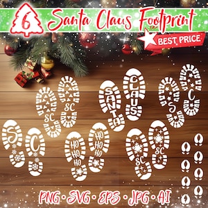 May include: Six white footprints with various Christmas-themed designs, including "Santa Claus", "Ho Ho Ho", and snowflakes. The footprints are on a woodgrain background.