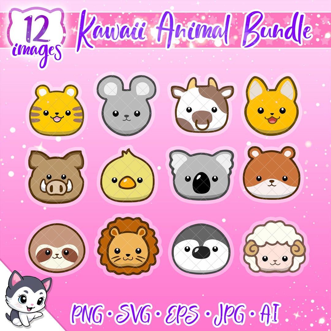 Kawaii Safari Animals SVG Bundle, Animal Stickers, Cute Animals PNG ...