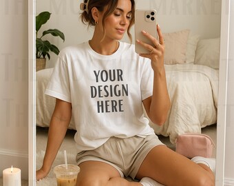 Comfort Colors 1717 White T-Shirt Mockup | Cozy Neutral Mirror Selfie | Aesthetic Lifestyle Tee Mockup | Soft Life Loungewear Flatlay JPEG