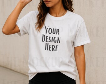 Shirt mockup, Comfort Colors 1717 white T-shirt mockup, lifestyle model, streetwear tee, minimalist fashion, blank tee on demand printing