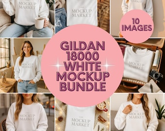 Puede incluir: Un paquete de maquetas con sudaderas blancas Gildan 18000. La imagen muestra varias fotos de estilo de vida de las sudaderas, con el texto "THE MOCKUP MARKET" impreso en la parte delantera. El paquete incluye 10 imágenes, como indica el texto.