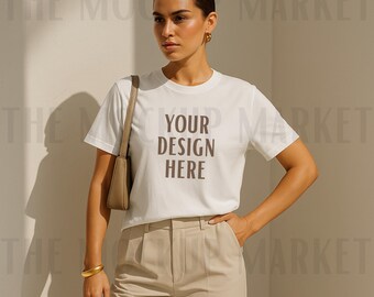 Mockup di t-shirt bianca Comfort Colors 1717 / Mockup di modello chic neutro / Maglietta editoriale streetwear beige in posa piatta / JPEG di lifestyle moderno