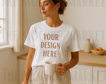 Comfort Colors 1717 White T-Shirt Mockup | Cozy Neutral Kitchen Lifestyle Tee | Morning Coffee Aesthetic Flatlay | Minimalist Soft Life JPEG