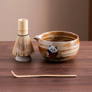 Hand-painted Lovely Panda Ceramic Matcha Bowl with Bamboo Whisk and Chasen Holder Unique Japanese Matcha Bowl Set 450ml