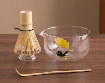 Joli bol à matcha en verre avec chat, peint à la main, avec fouet en bambou et porte-chenille, ensemble de bols à Matcha en verre transparent résistant à la chaleur 550 ml