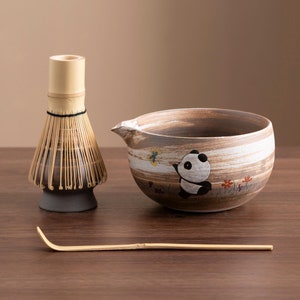 Hand-painted Cute Panda Ceramic Matcha Bowl with Bamboo Whisk and Chasen Holder Brown Japanese Matcha Set 450ml
