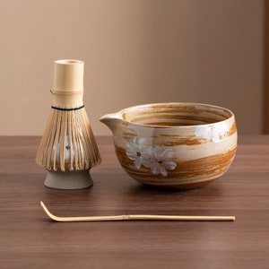 Hand-painted White Floral Ceramic Matcha Bowl with Bamboo Whisk and Chasen Holder Unique Japanese Matcha Tea Ceremony Set 450ml