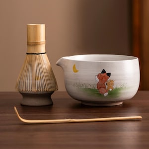 Hand-painted Fox Ceramic Matcha Bowl Set Matcha Kit Gifts with Bamboo Whisk and Chasen Holder Japanese Matcha Whisk Set 450ml