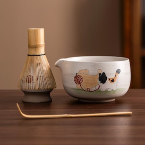 Hand-painted Puppy Ceramic Matcha Bowl Set Matcha Kit Gifts with Bamboo Whisk and Chasen Holder Japanese Matcha Whisk Set 450ml
