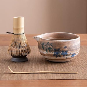 Hand-painted Flower Ceramic Matcha Set with Bamboo Whisk and Chasen Holder Unique Japanese Matcha Set 450ml