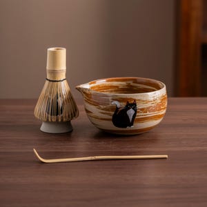 Hand-painted Black Cat Ceramic Matcha Bowl with Bamboo Whisk and Chasen Holder Unique Japanese Matcha Bowl Set 450ml