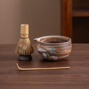 Hand-painted Flower Ceramic Matcha Bowl Set with Bamboo Whisk and Chasen Holder Unique Japanese Matcha Set 450ml