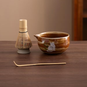 Hand-painted White Cat Ceramic Matcha Bowl with Bamboo Whisk and Chasen Holder Unique Japanese Matcha Ceremonial Set 450ml