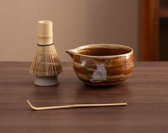 Set di ciotole per matcha in ceramica dipinta a mano a forma di gatto bianco: frusta e supporto in bambù