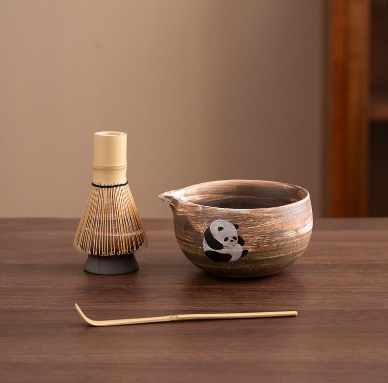 Hand-painted Cute Fat Panda Ceramic Matcha Bowl Set with Bamboo Whisk and Chasen Holder Brown Japanese Matcha Set 450ml
