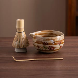 Hand-painted Floral Ceramic Matcha Bowl with Bamboo Whisk and Chasen Holder Unique Japanese Matcha Bowl Set 450ml