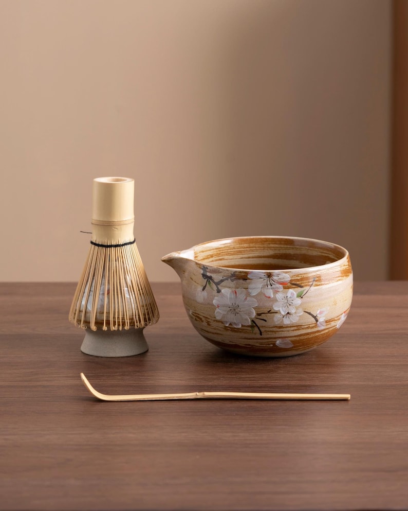 Hand-painted Peach Blossom Ceramic Matcha Bowl with Bamboo Whisk and Chasen Holder Unique Japanese Matcha Tea Set 450ml