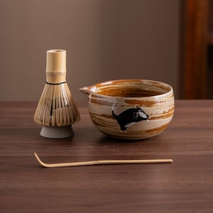 Hand-painted Black Cat Ceramic Matcha Bowl with Bamboo Whisk and Chasen Holder Unique Japanese Matcha Bowl Set 450ml