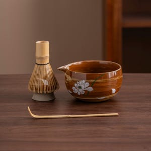 Hand-painted Lotus Ceramic Matcha Bowl Set with Bamboo Whisk and Chasen Holder Unique Japanese Matcha Set 450ml