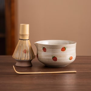 Hand-painted Strawberry Ceramic Matcha Bowl Set with Bamboo Whisk and Chasen Holder Japanese Matcha Whisk Set 450ml