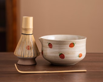 Handbemalte Erdbeere Keramik Matcha Schüssel Set, Bambus Schneebesen
