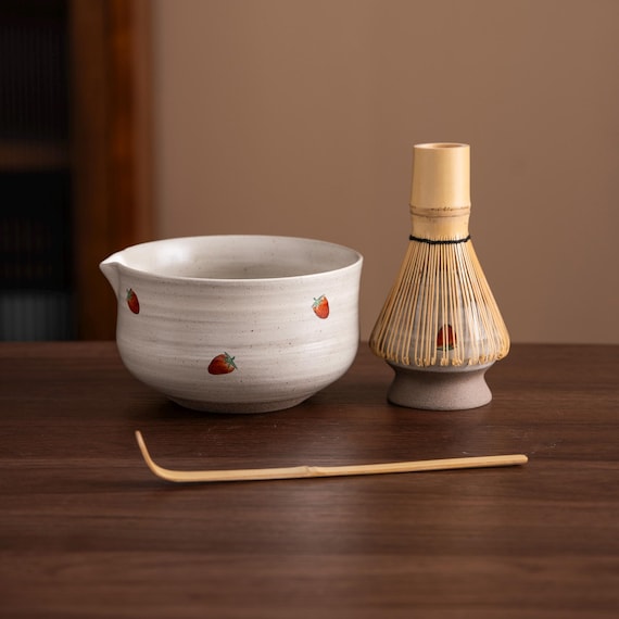 Hand-Painted Strawberry Ceramic Matcha Set with Bamboo Whisk