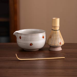 Hand-painted Strawberry Ceramic Matcha Bowl Set with Bamboo Whisk and Chasen Holder Japanese Matcha Whisk Set 450ml