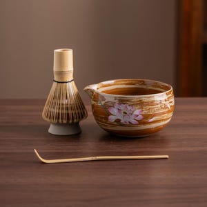 Hand-painted Lotus Ceramic Matcha Bowl with Bamboo Whisk and Chasen Holder Unique Japanese Matcha Bowl Set 450ml