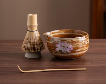 Handgeschilderde lotuskeramische matcha-komset - Japanse theeceremonie